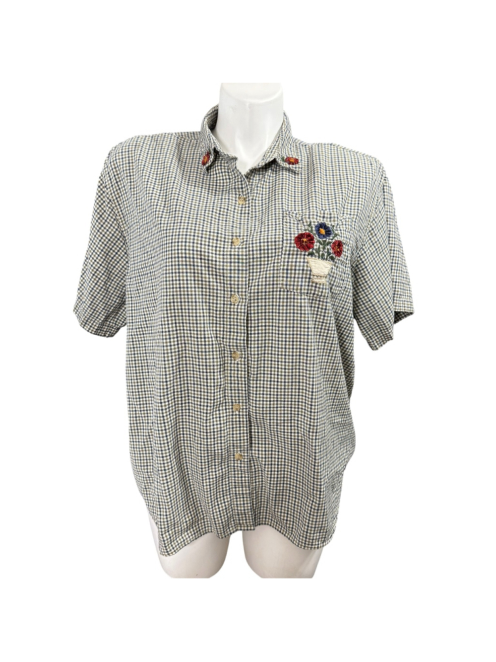 Vintage Maggie & Max 3X Gingham Embroidered Floral Cottagecore Button Shirt